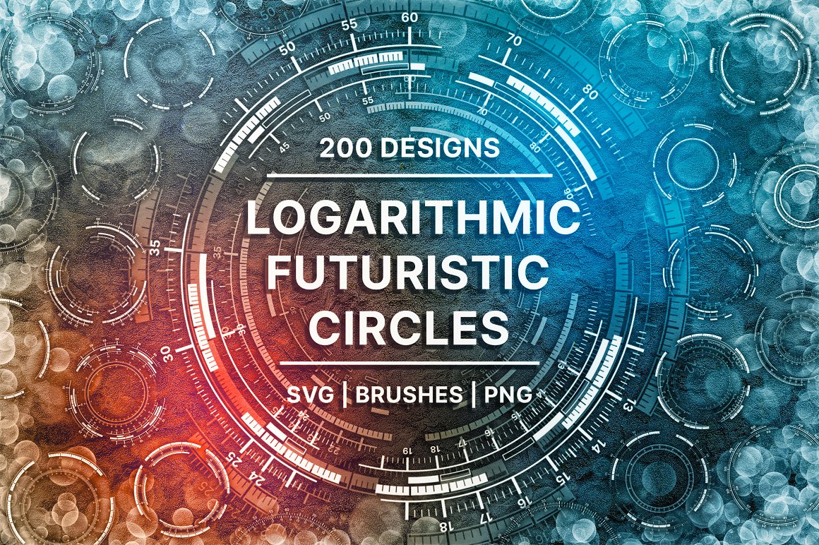 White lettering "200 Logarithmic Futuristic Circles" on the abstract background.