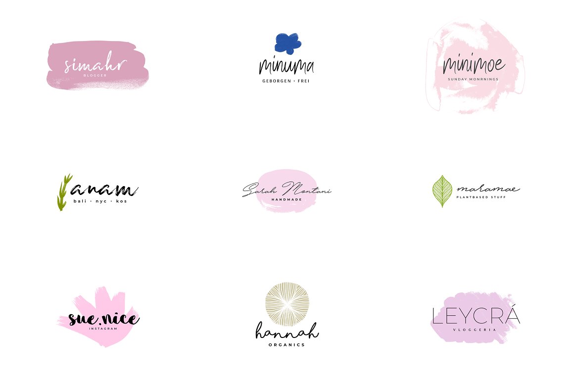 Pink, green, blue and black 9 different logos on a white background.