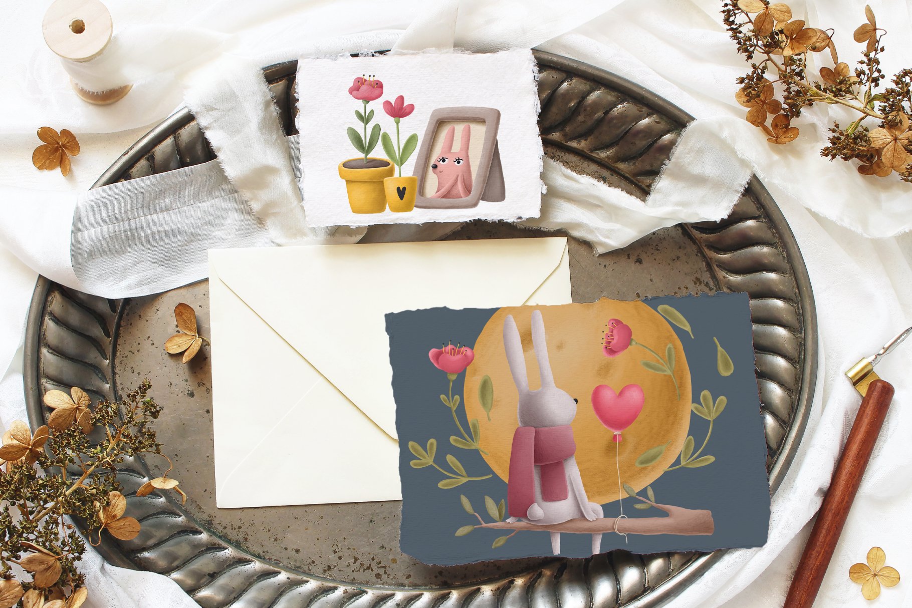 Pretty postcards with the romantic rabbit.