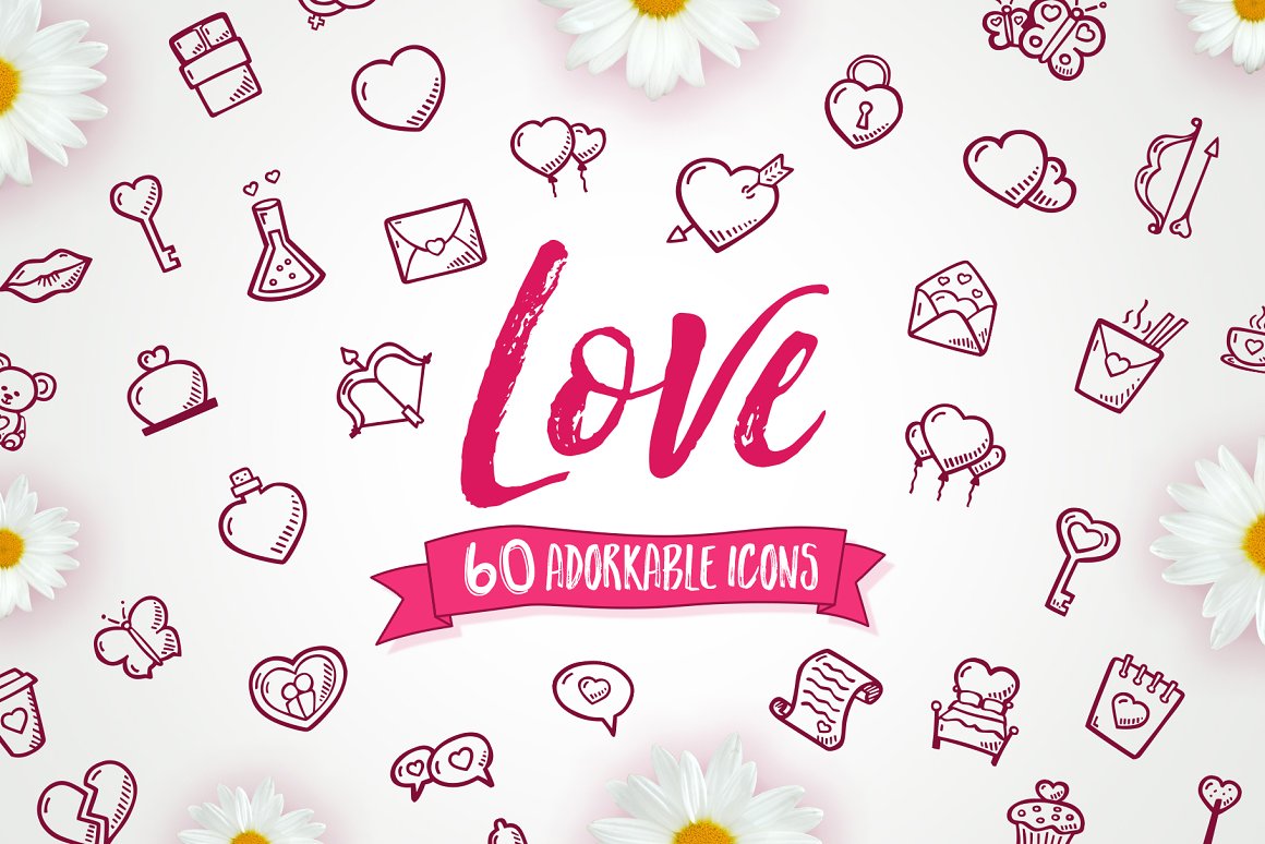 Pink lettering "Love 60 adorable icons" on the background of different icons.