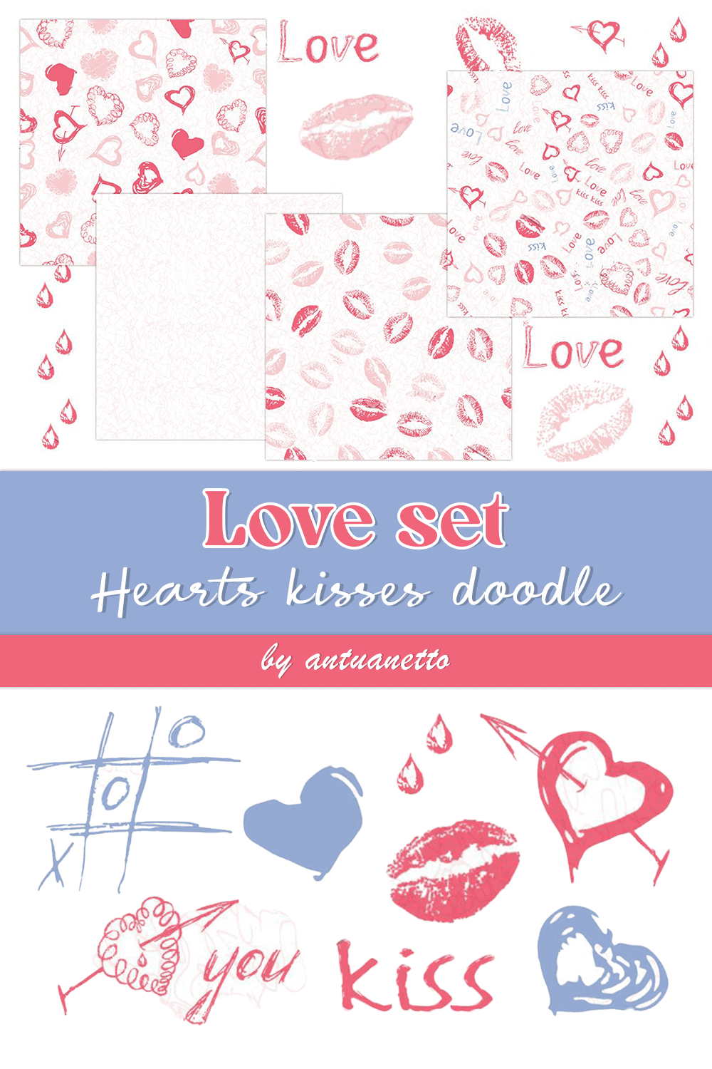 Love Set. Hearts Kisses Doodle - pinterest image preview.