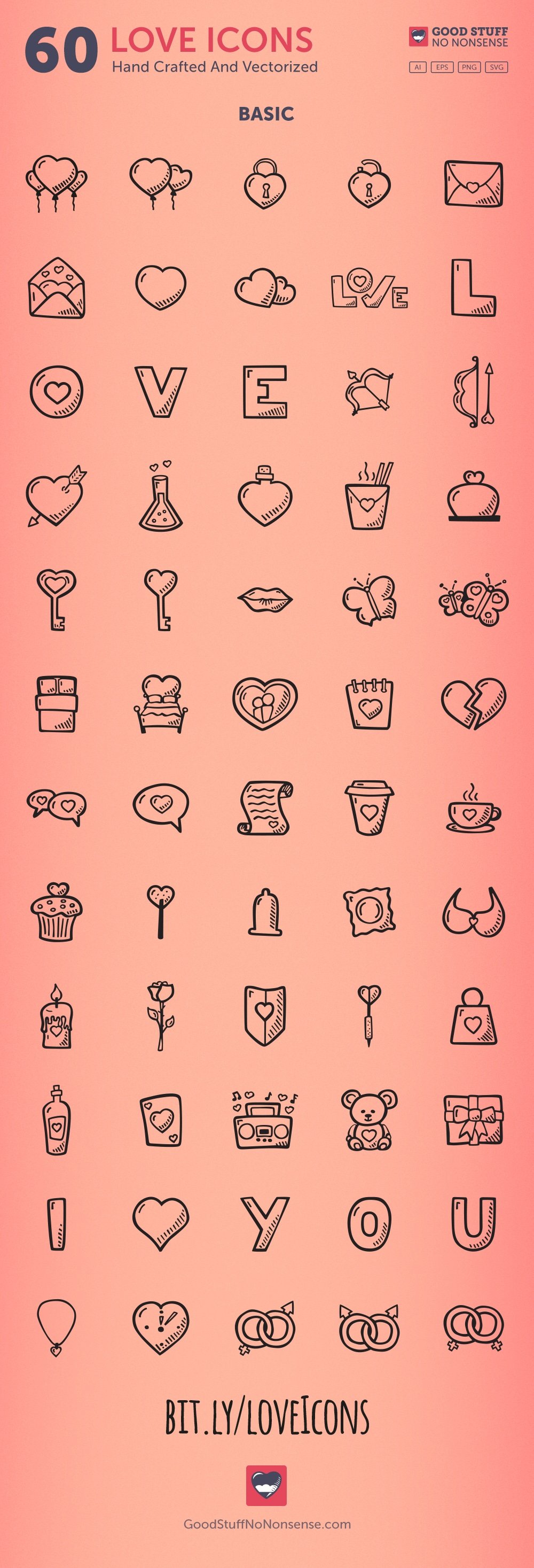 A set of 60 different basic black hand drawn icons on a pink background.