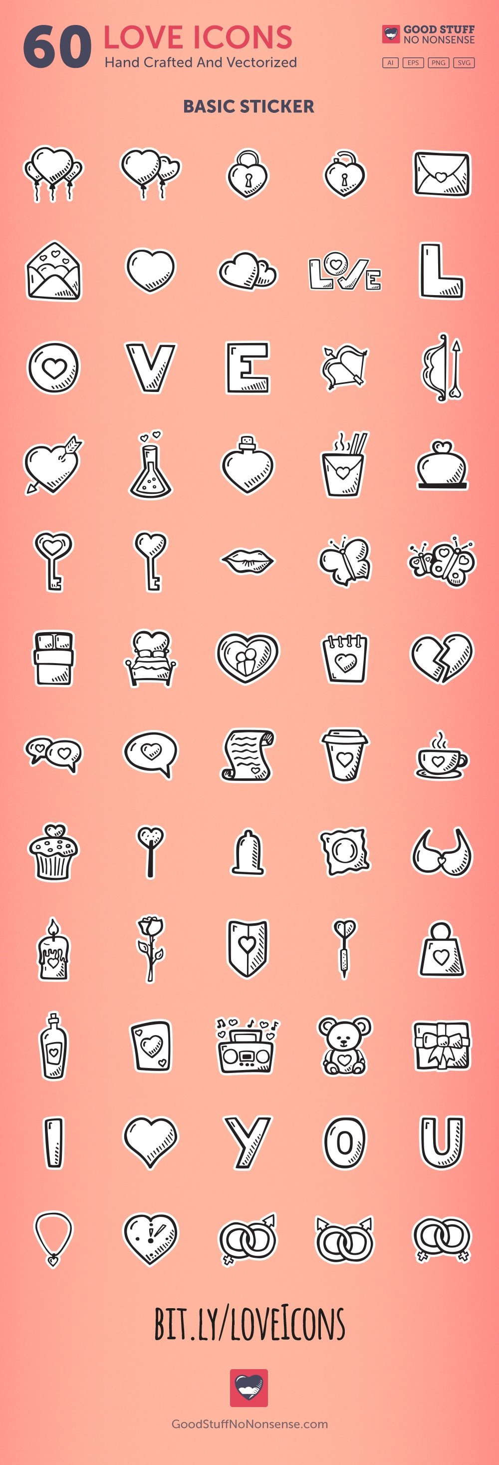 A set of 60 different basic sticker white-black hand drawn icons on a pink background.