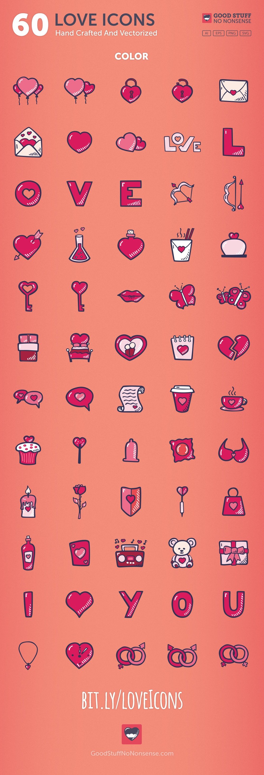 A set of 60 different color white-pink hand drawn icons on a pink background.