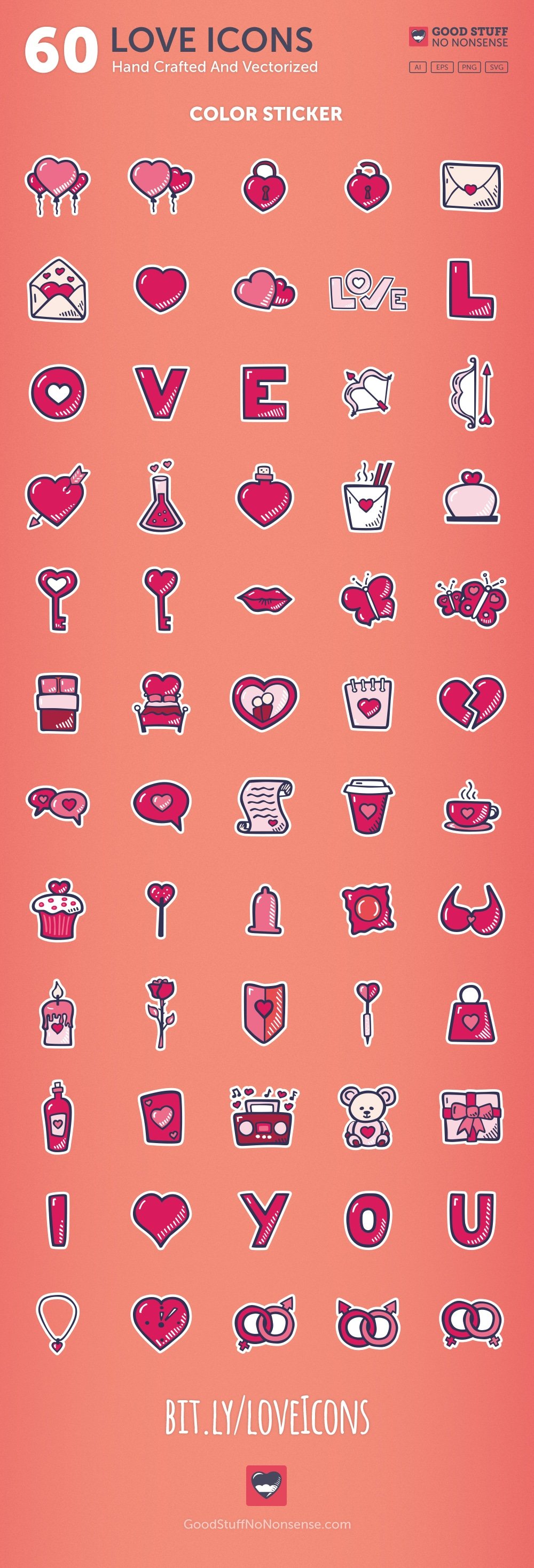 A set of 60 different color sticker white-pink hand drawn icons on a pink background.