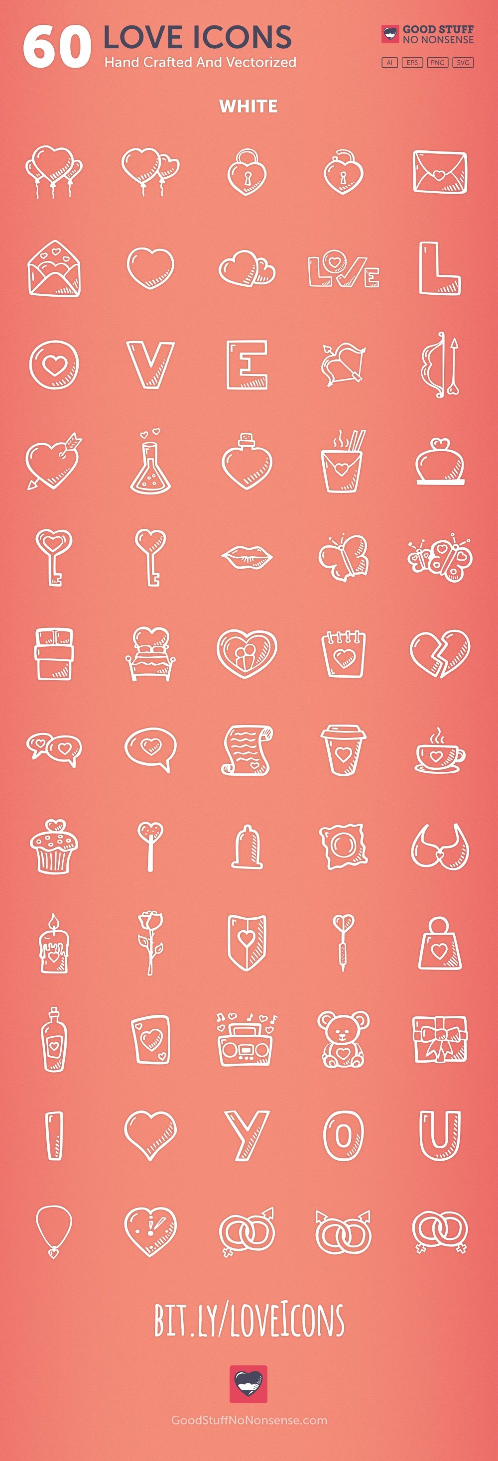 A set of 60 different white hand drawn icons on a pink background.