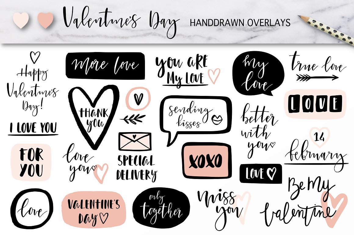 Black lettering "Valentine's Day Handdrawn Overlays" and different black and pink overlays on a white background.