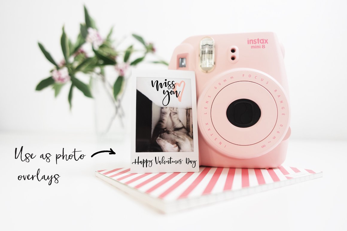 A pink instax mini 8 and polaroid photo on a white background.