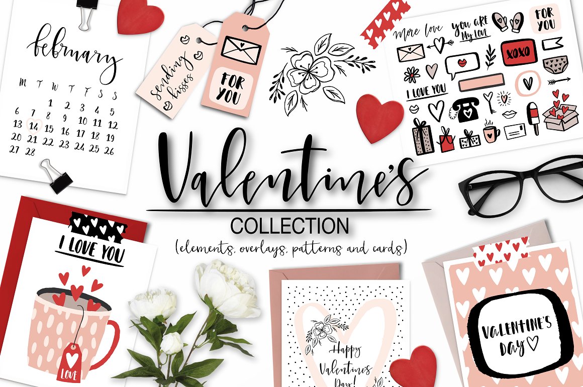 Black lettering "Valentine's Collection" and different cards, tags, labels and elements on a white background.
