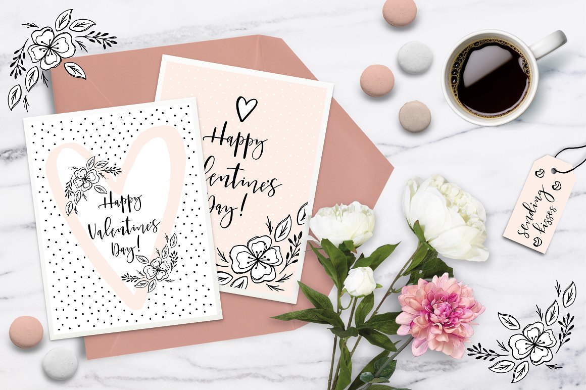2 pink and white greeting cards with black lettering "Happy Valentine's Day!" on a gray background.