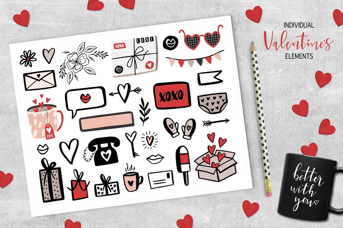 A sticker pack with different Valentine's Day elements on a white sheet on a gray background.