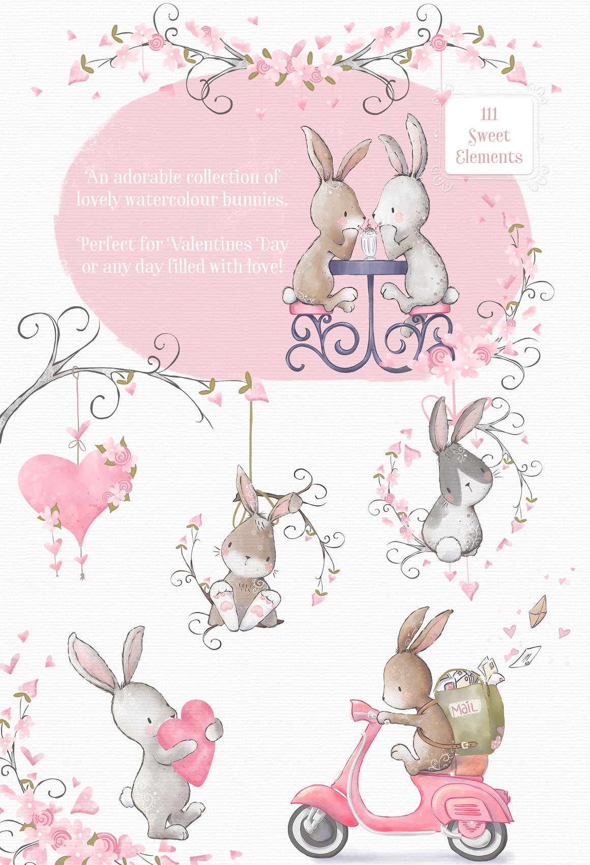 A set of 5 different illustrations of a bunny and sweet elements on a pink background.