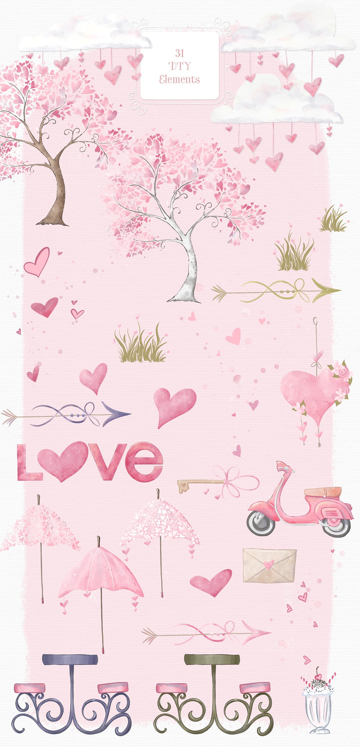 A set of 31 different pink DIY elements on a pink background.