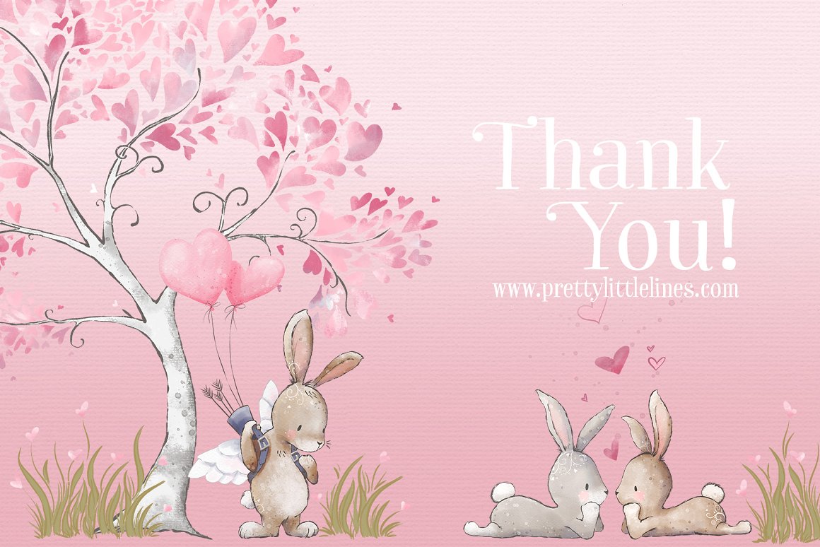 White lettering "Thank you!" on a pink background with different illustrations of a bunny.