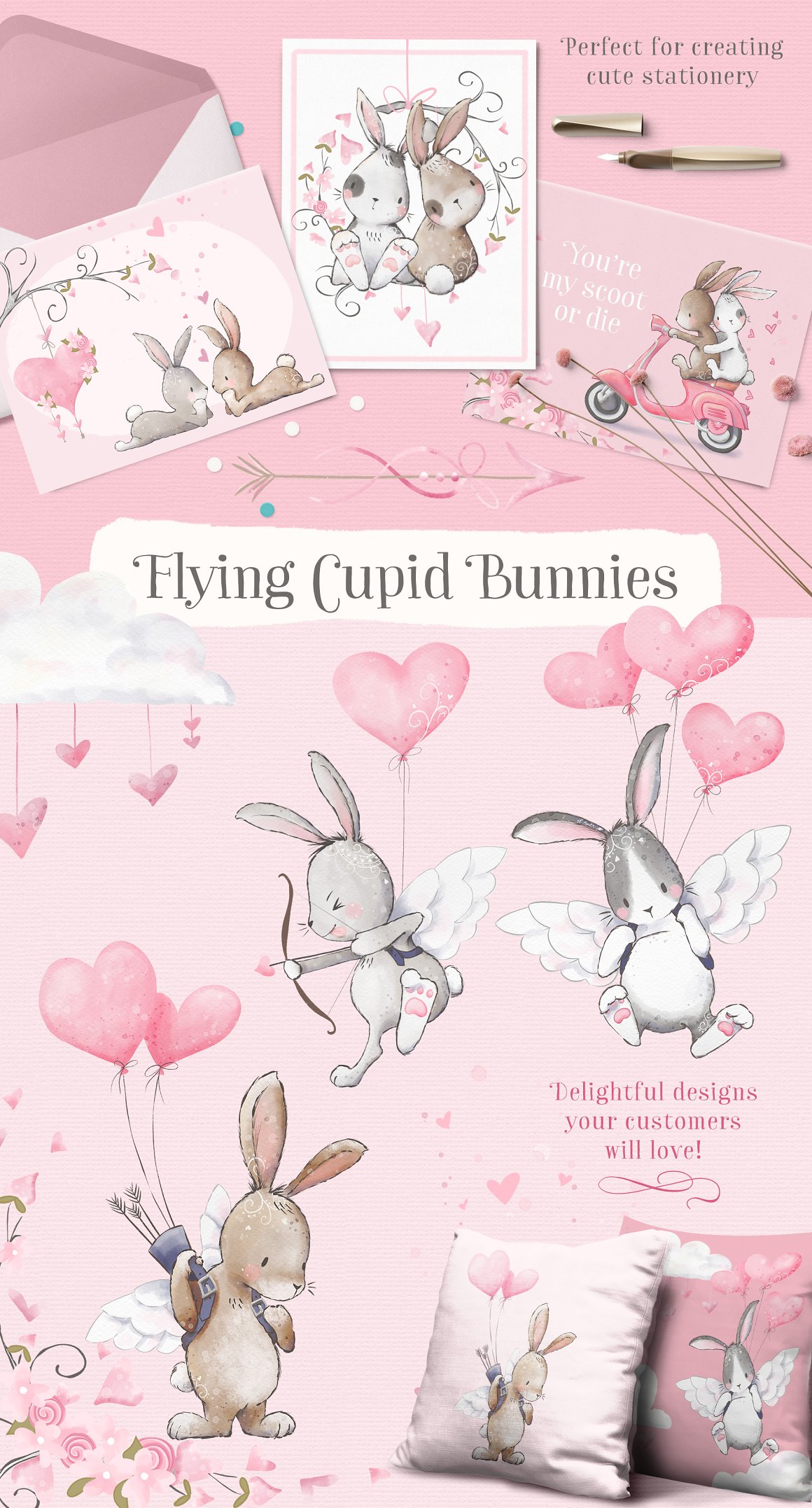 A set of 3 different illustrations of a flying cupid bunny on a pink background.