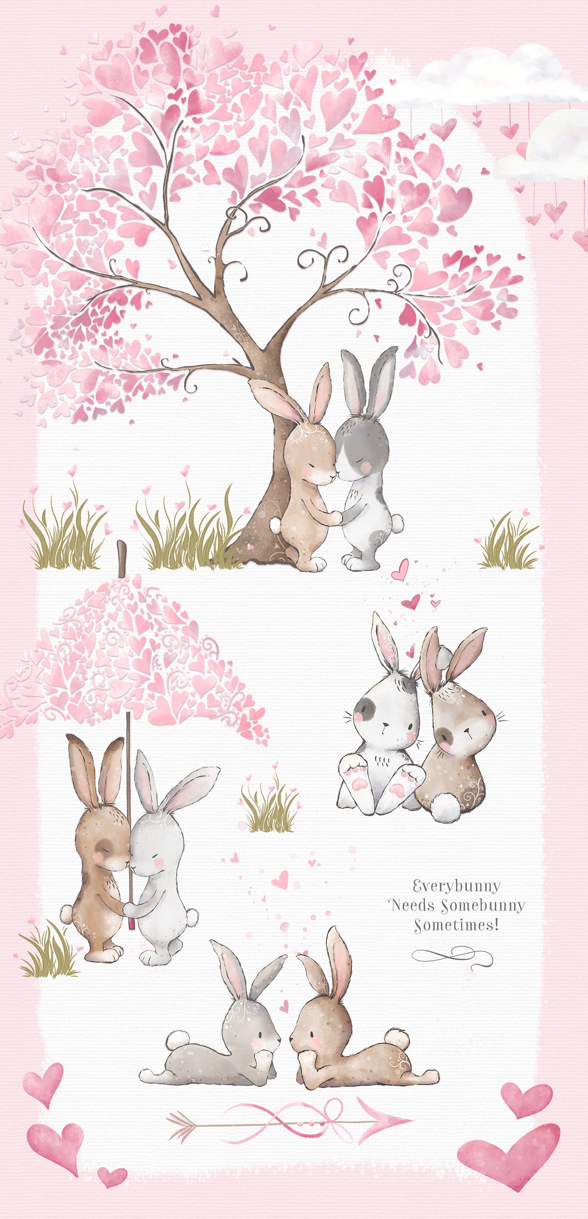 A set of 4 different illustrations of a bunny and tree of pink hearts on a pink background.