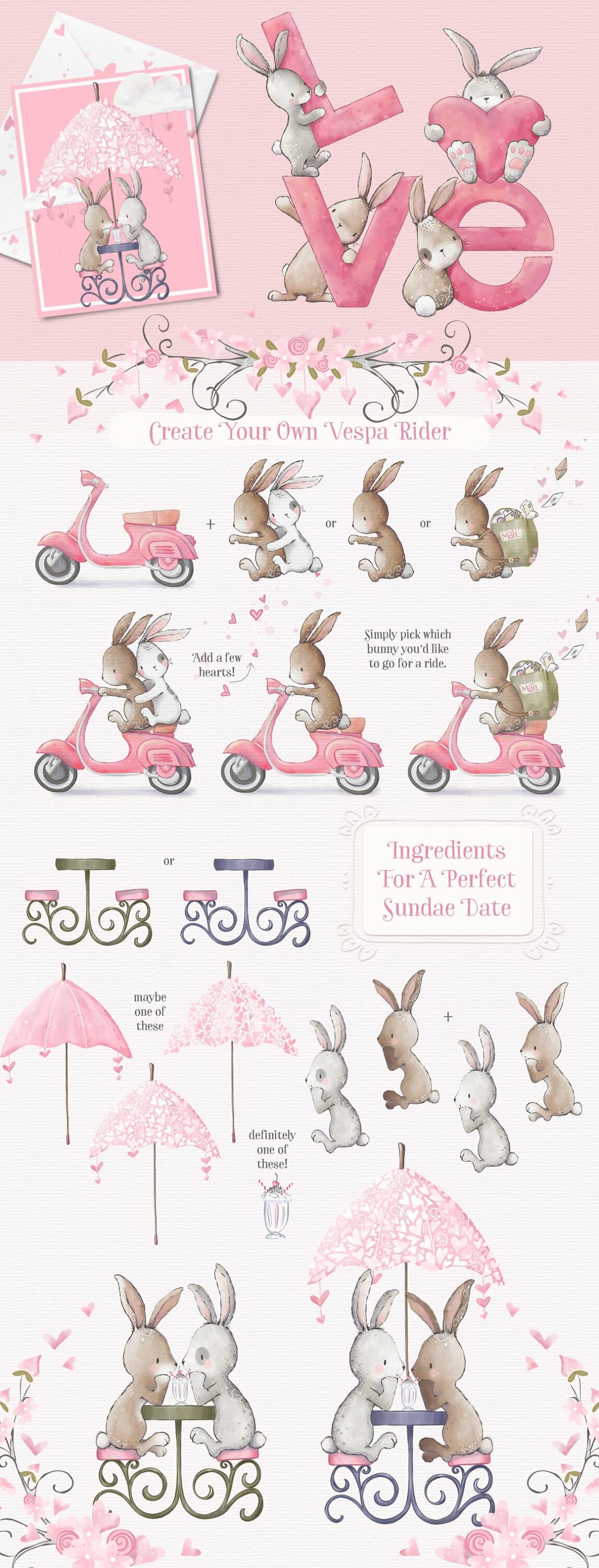 A set of 9 different illustrations of a bunny and DIY elements on a pink background.