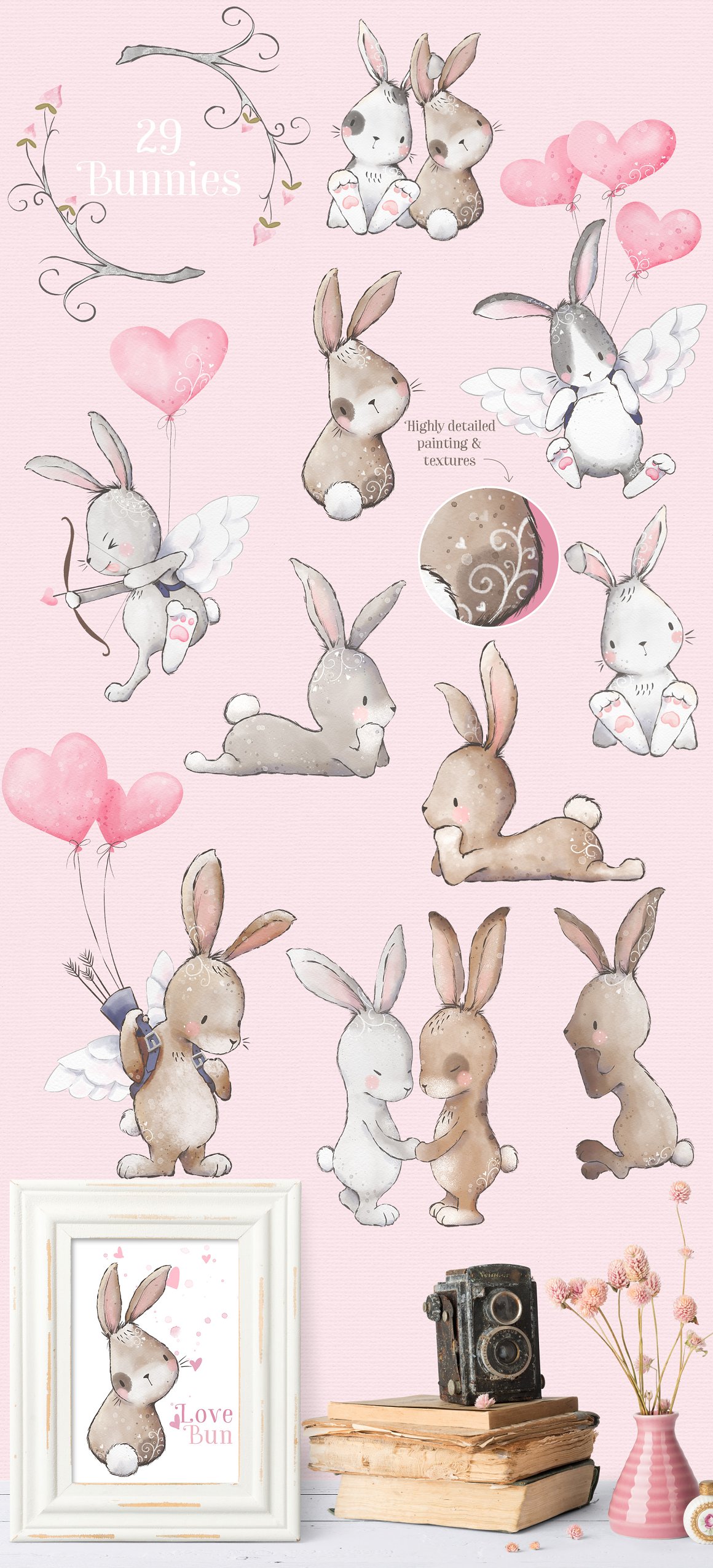 A set of 10 different illustrations of a bunny on a pink background.