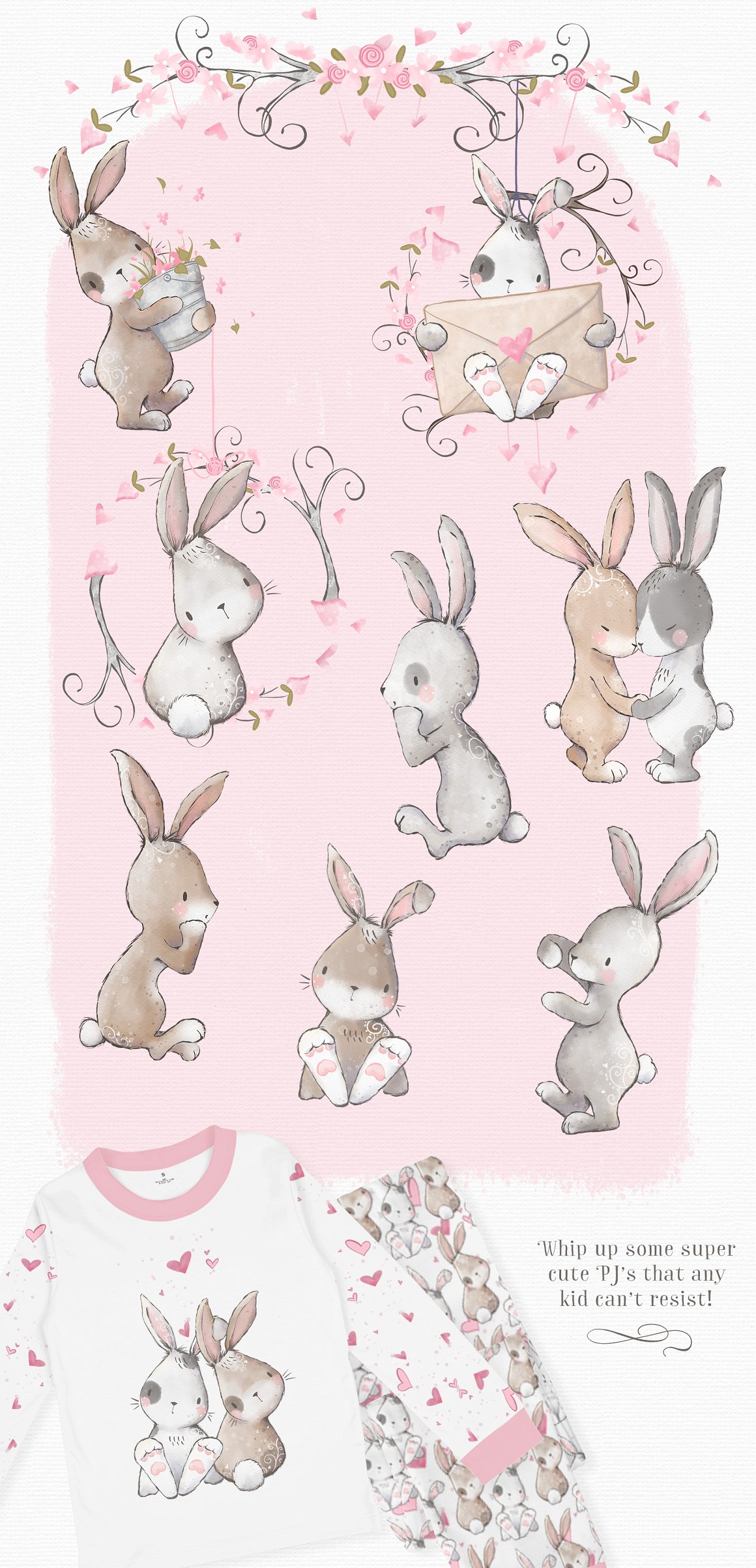 A set of 8 different illustrations of a bunny on a pink background.