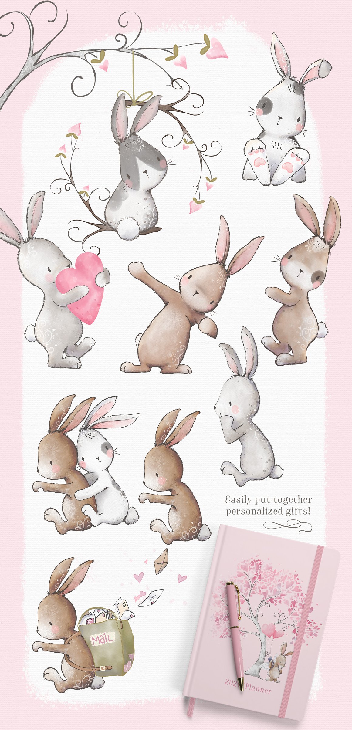 A set of 9 different illustrations of a bunny on a pink background.
