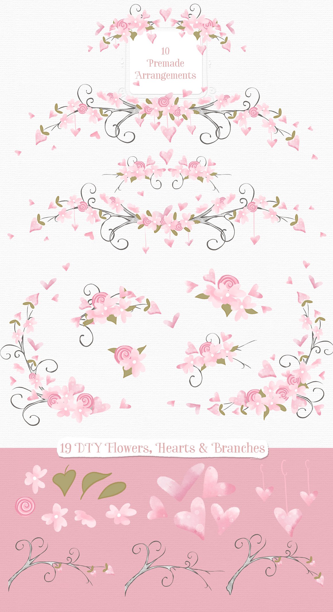 A set of 19 different DIY flowers, branches and hearts on a pink background.