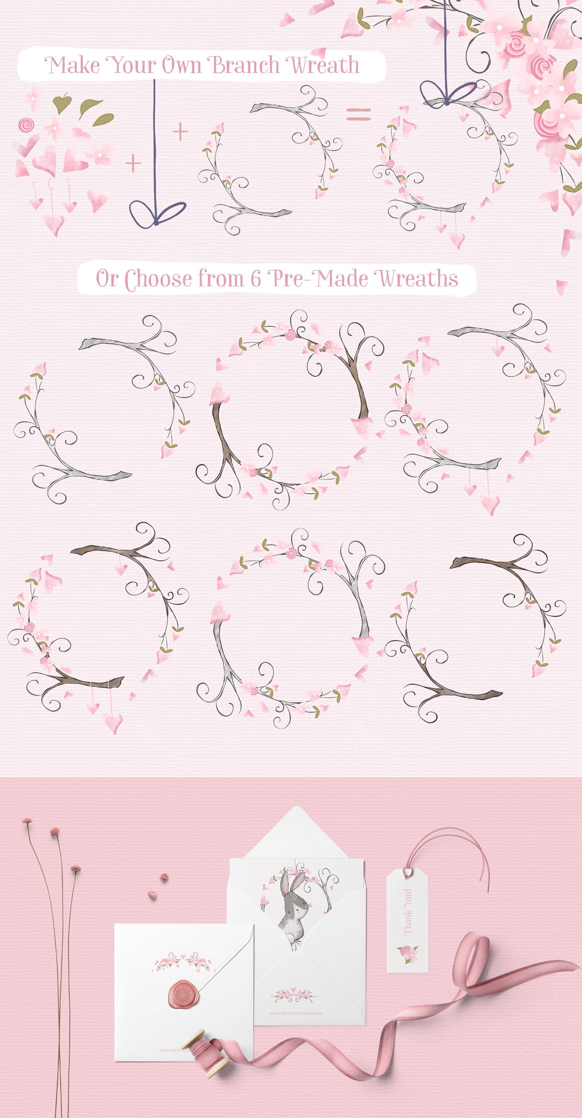 A set of 6 different pre-made wreaths and 2 white envelopes with white label on a pink background.