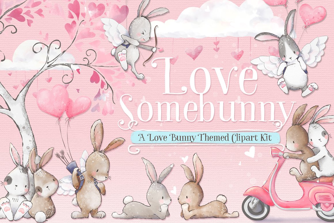 White lettering "Love Somebunny" on a pink background with different illustrations of a bunny.