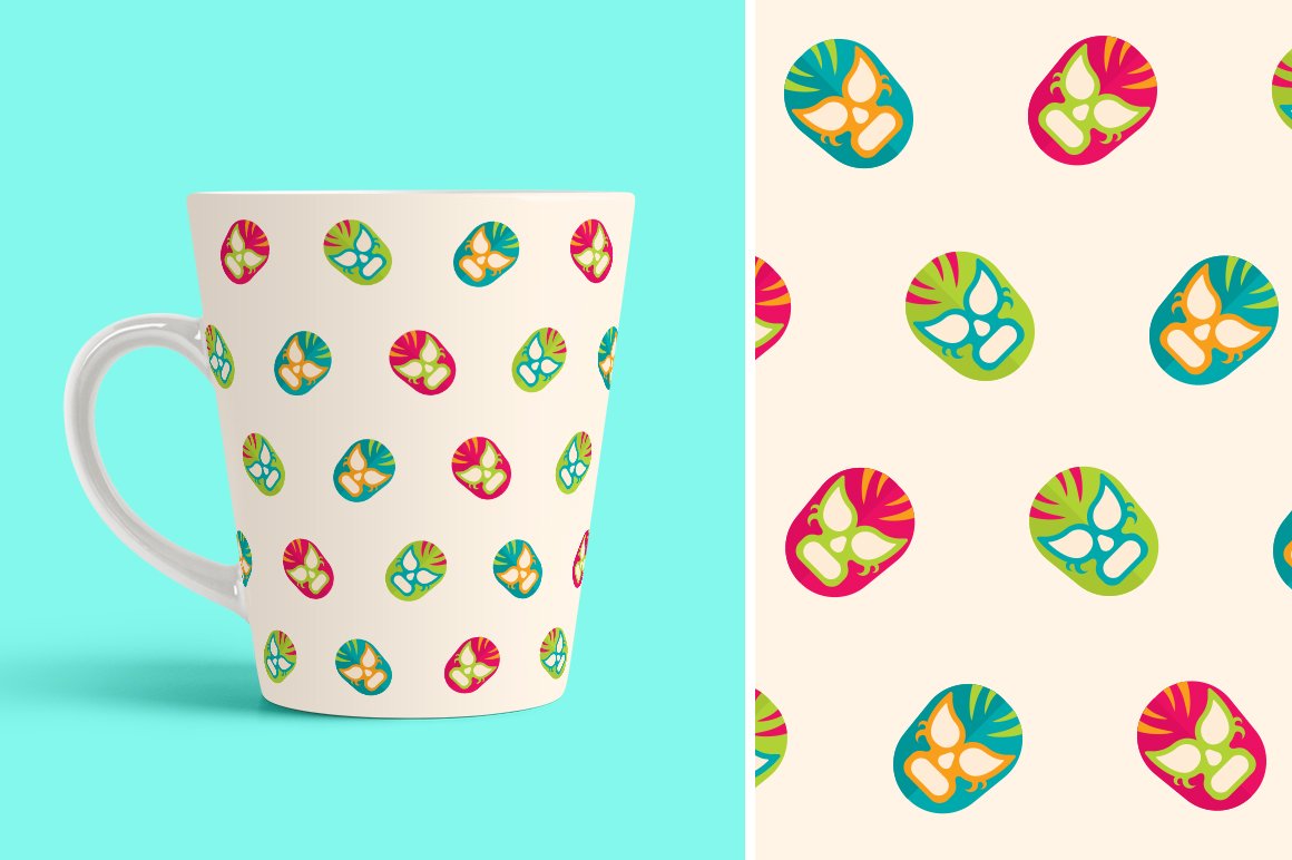 Colorful mask illustrations on a white cup.