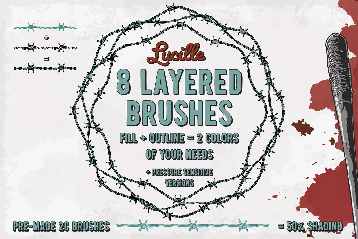 Light blue lettering "8 layered brushes - fill + outline = 2 colors of your needs + pressure sensitive versions".