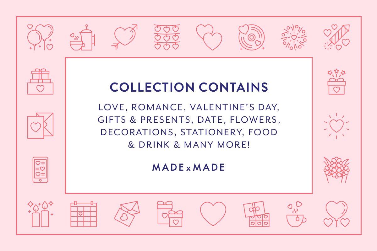 A loveable collection of 100 ‘Valentines Day’ themed vector line icons.