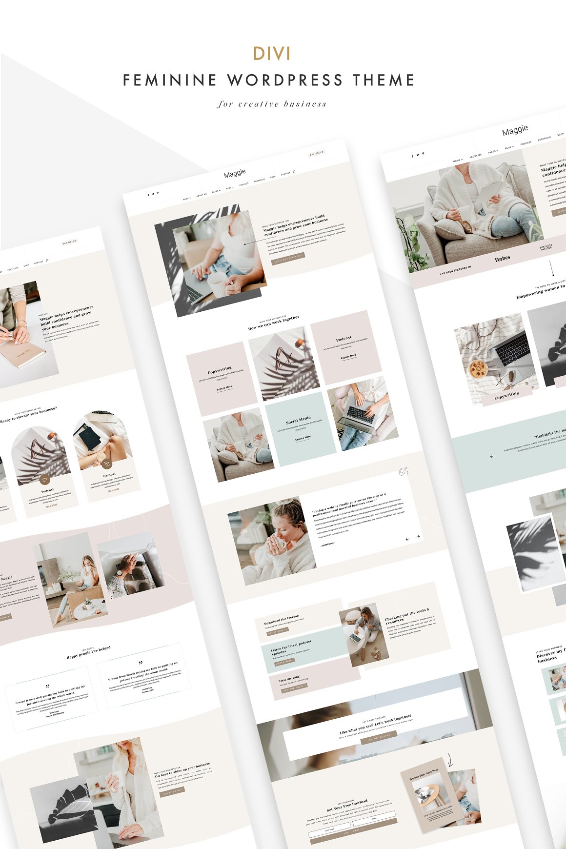 A lot of different divi feminine wordpress theme templates on a gray-white background.