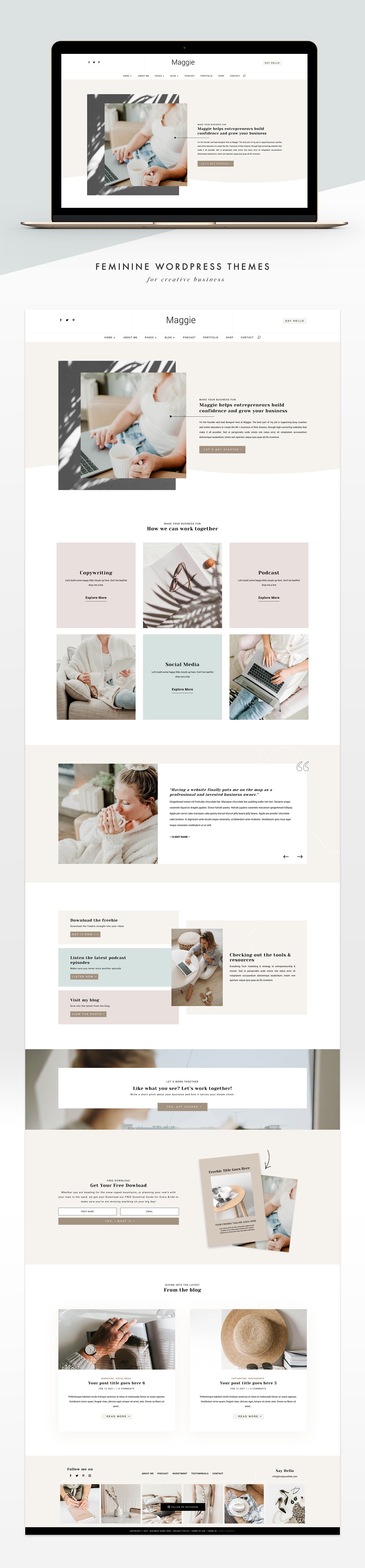 Mockup of macbook with website template and black lettering "Feminine Wordpress Themes".