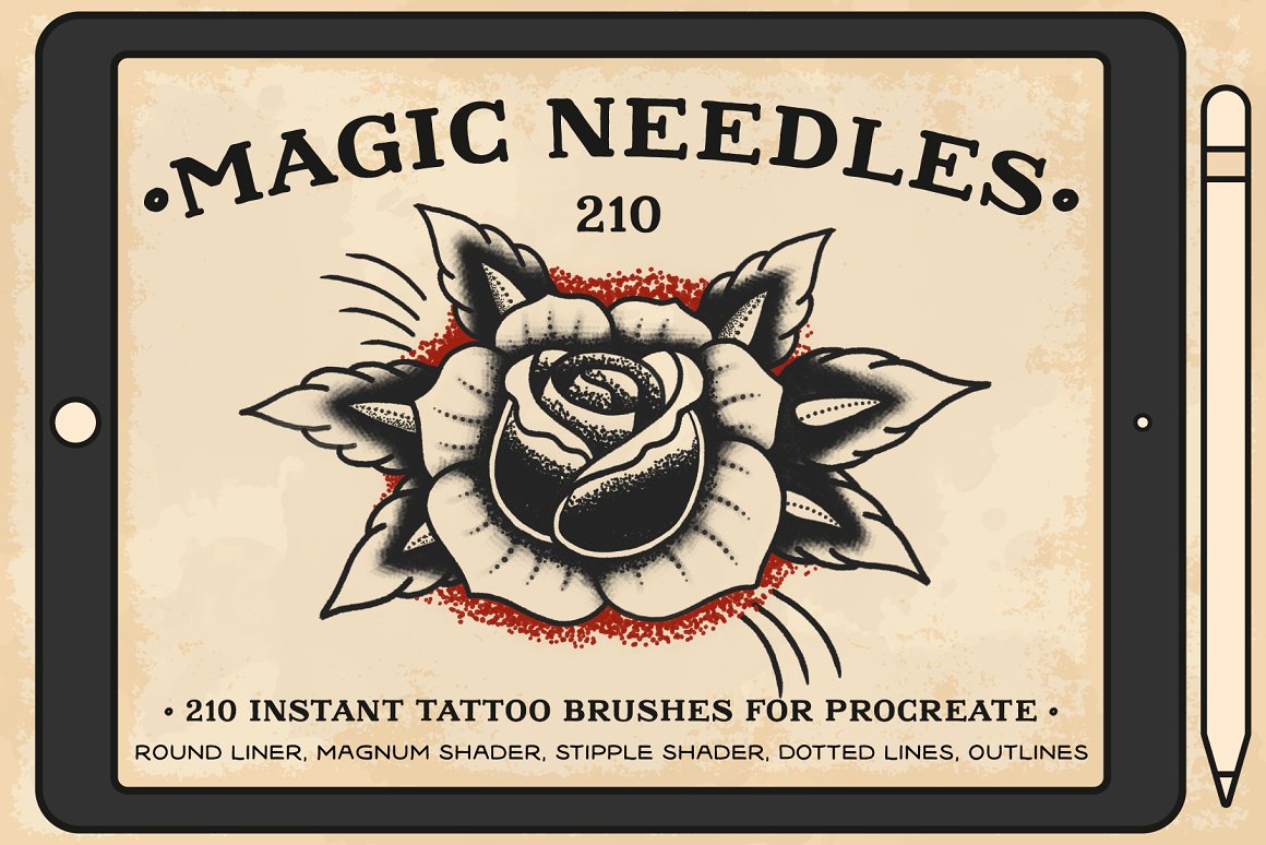 Black lettering "Magic Needles" and black illustration of a rose.