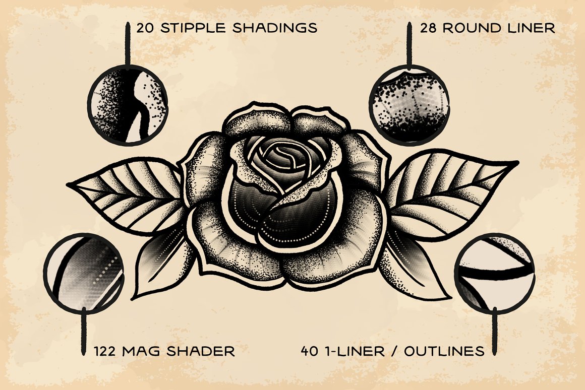 Black illustration of a rose with different brushes on a vintage background.