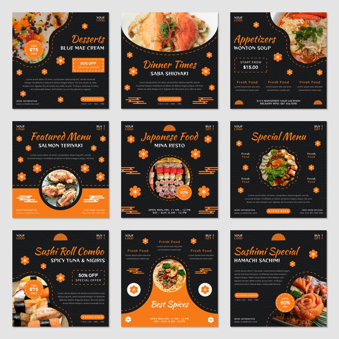 Japanese Culinary Food Social Media Post Templates all previews.