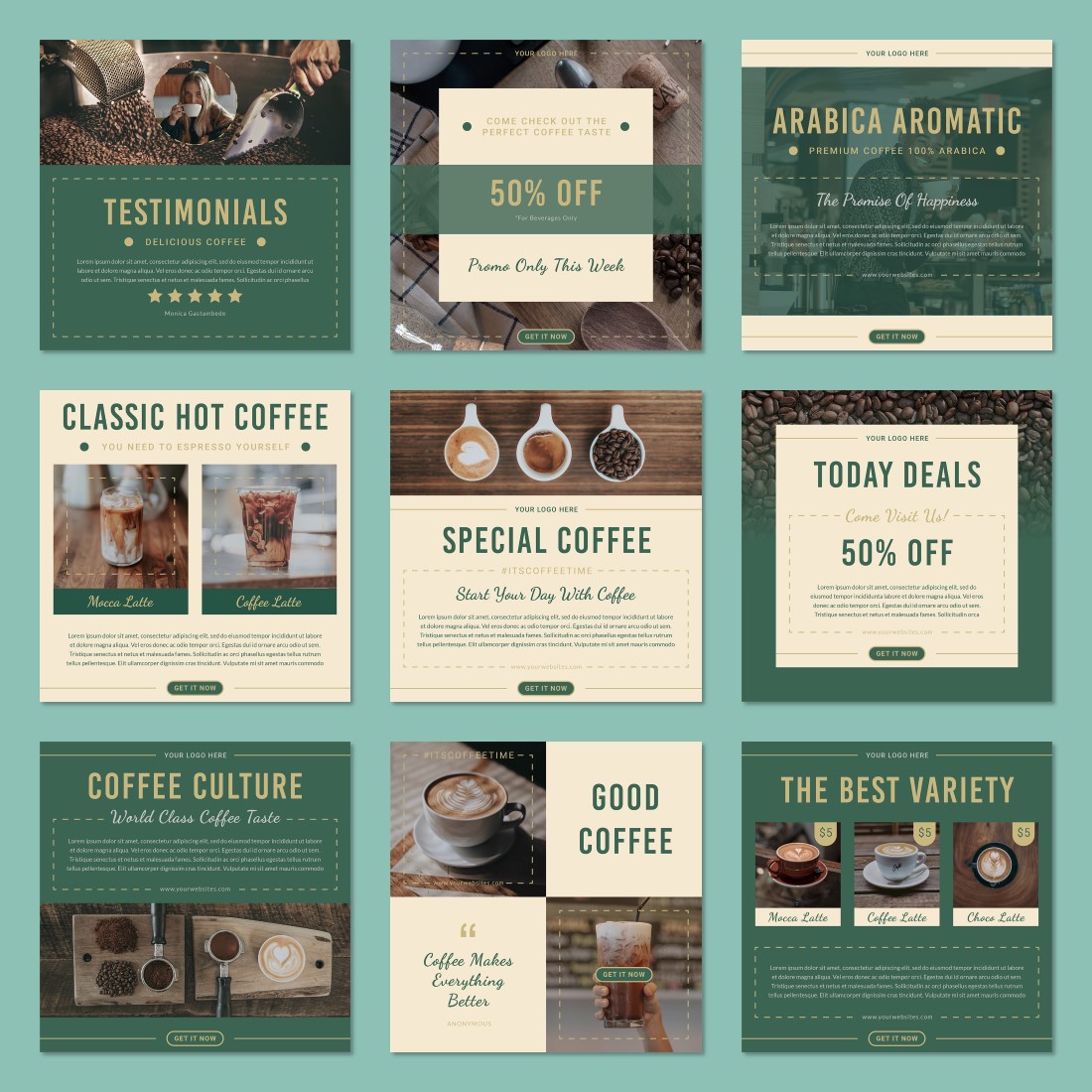 All previews for Coffee Shop & Cafe Pack Social Media Post Templates.