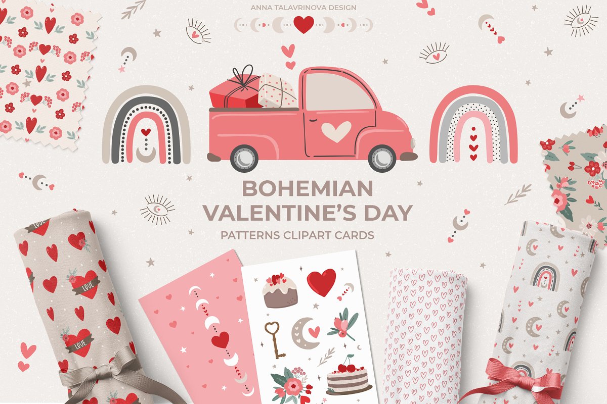 Cover image of Boho Valentine's Day pattern clipart.