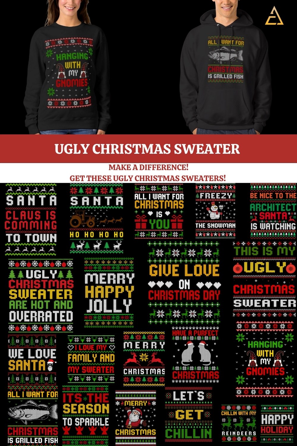 Ugly Christmas Sweater Designs - pinterest image preview.
