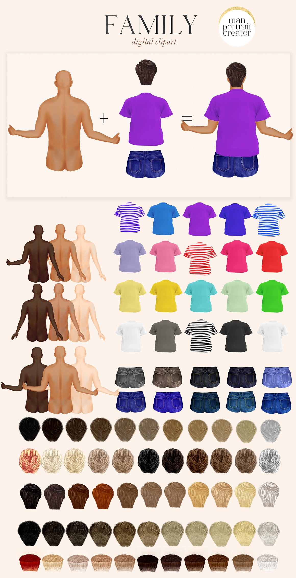 Clipart of body in different skin tones, clothes and hairstyles for father.