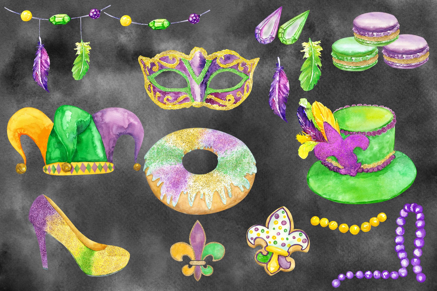 Black watercolor background with the colorful carnival items.