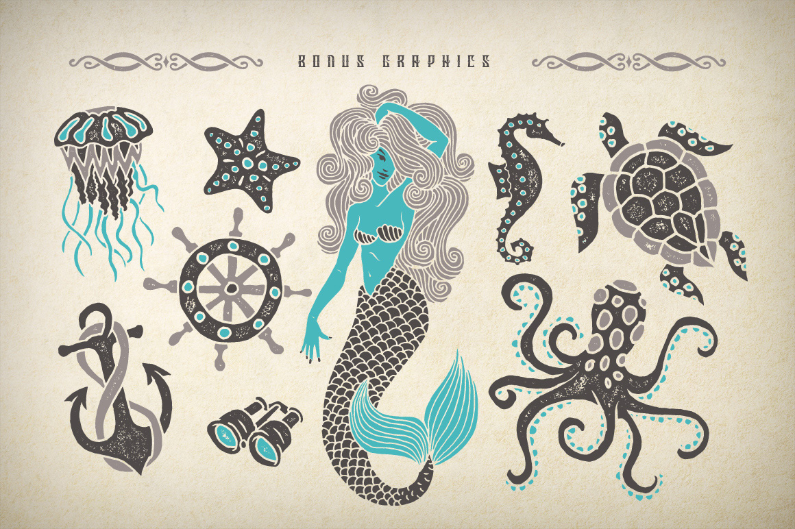 Marine Fairytale Typeface bonus graphics.