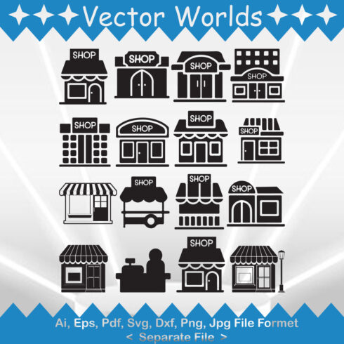Set of vector amazing images of shop silhouettes.