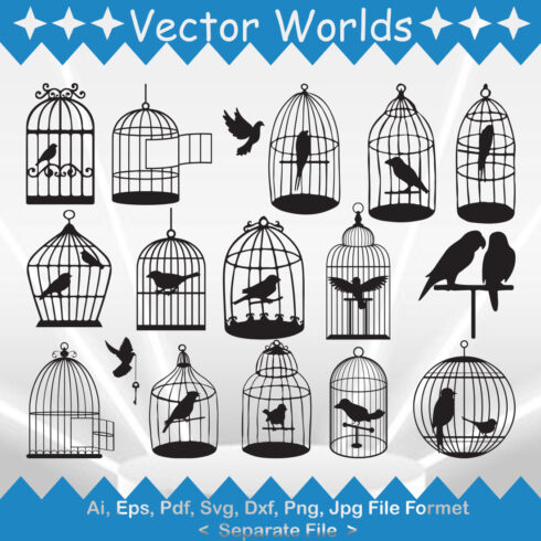 Collection of vector beautiful images of birds in cages in black.
