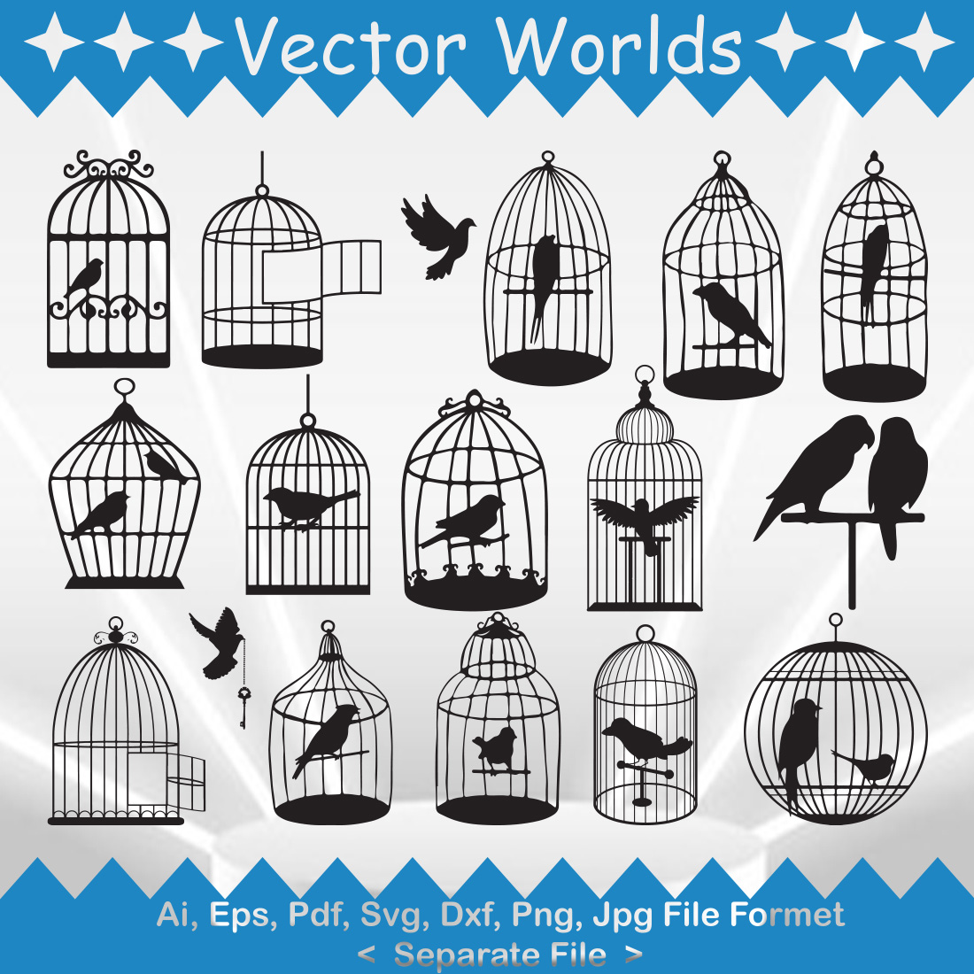 Set of bird cages with birds in them.