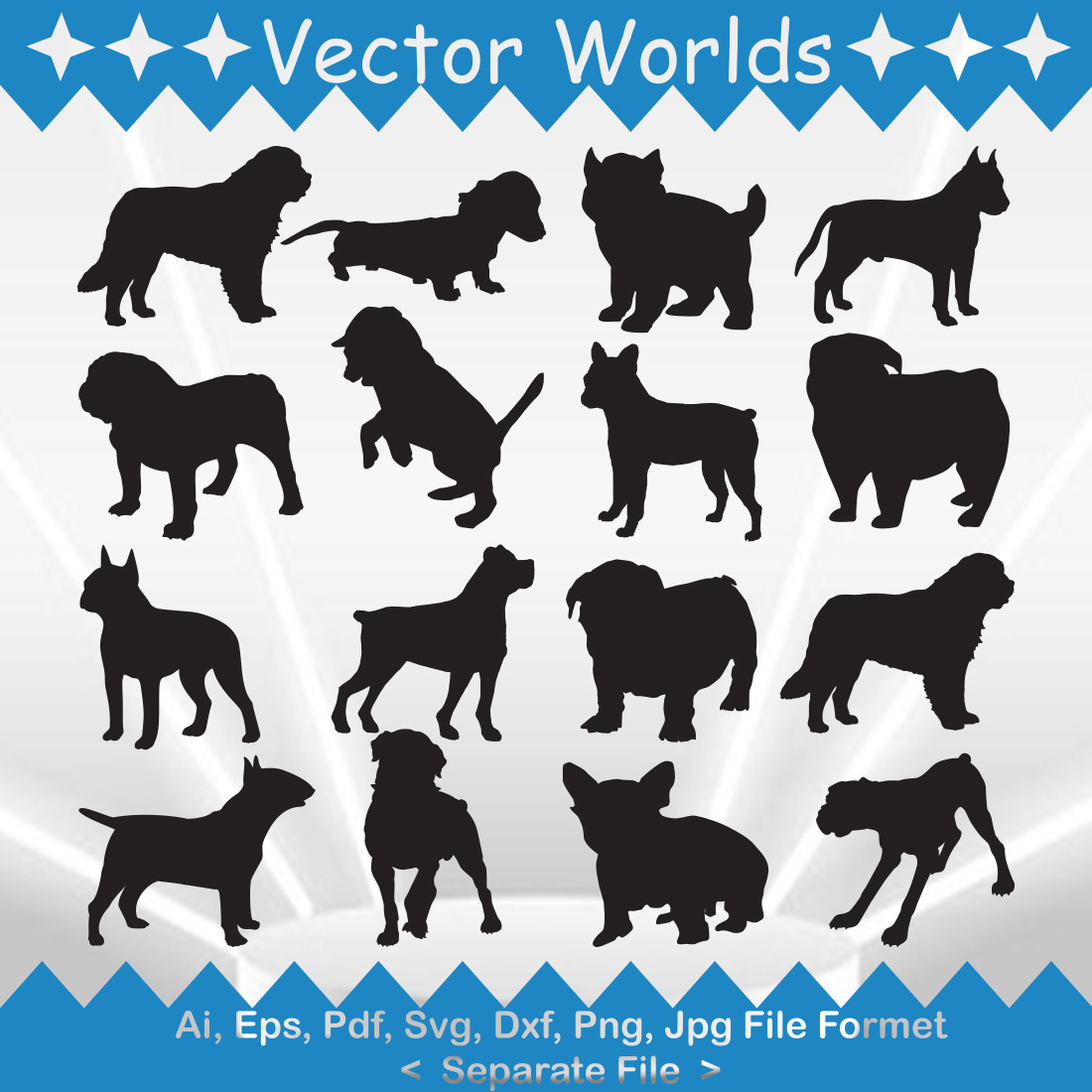 Pack of vector enchanting images of the silhouette of bulldogs.