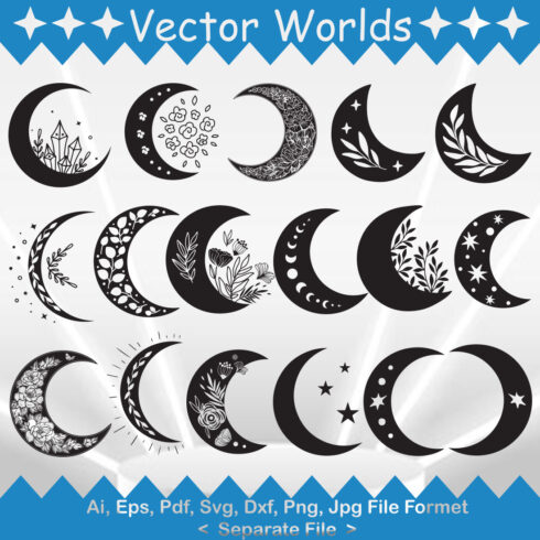 Collection of vector beautiful images of the boho moon silhouette.
