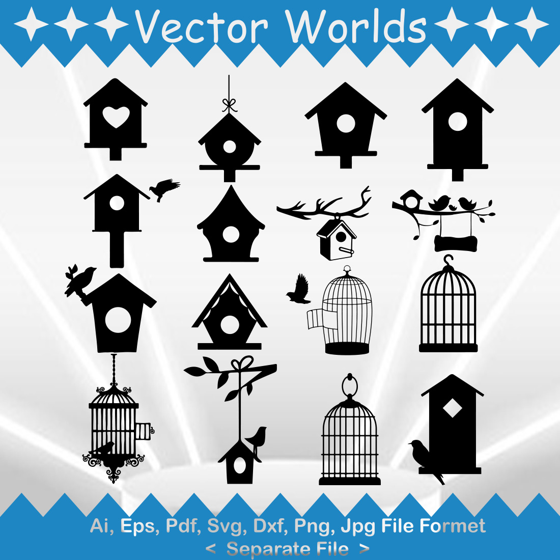 Pack of vector adorable images of bird houses in black color.