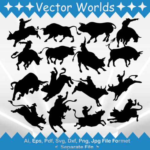 Set of vector adorable silhouette images of bull riders.