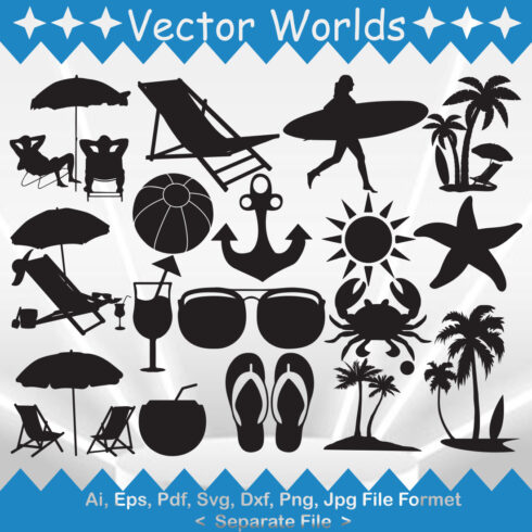 A selection of vector gorgeous images on the theme of the beach in black.