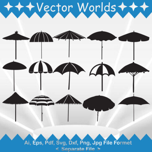 Collection of vector exquisite images of beach umbrellas in black color.